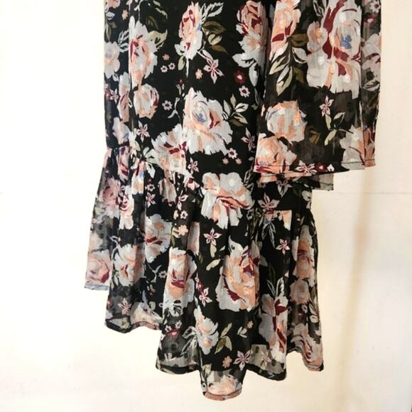 ONE HART Black Teal Floral V Neck Bell Sleeves Ruffle Hem Mini Dress Size M - Picture 8 of 13